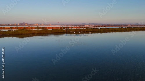 San Pedro del Pinatar Salt Flats Regional Park, Murcia Region, Spain, at dawn from a drone