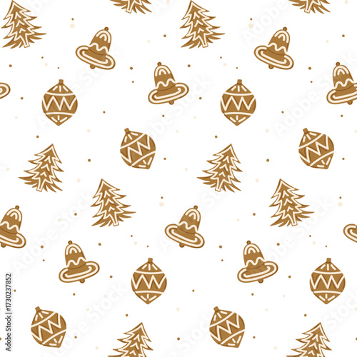Gingerbread bells, fir trees, and Christmas tree ball. Gingerbread Christmas seamless pattern. Cozy winter design for fabrics, holiday textiles, packaging, wrapping paper. Vector illustration
