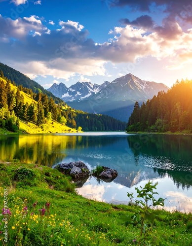 Fototapeta Naklejka Na Ścianę i Meble -  Serene mountain lake reflecting sunset, lush green meadows, and snow-capped peaks
