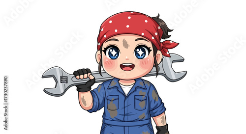 Cute cartoon female mechanic in a blue jumpsuit and red bandana, happily holding a large wrench, ready for work.