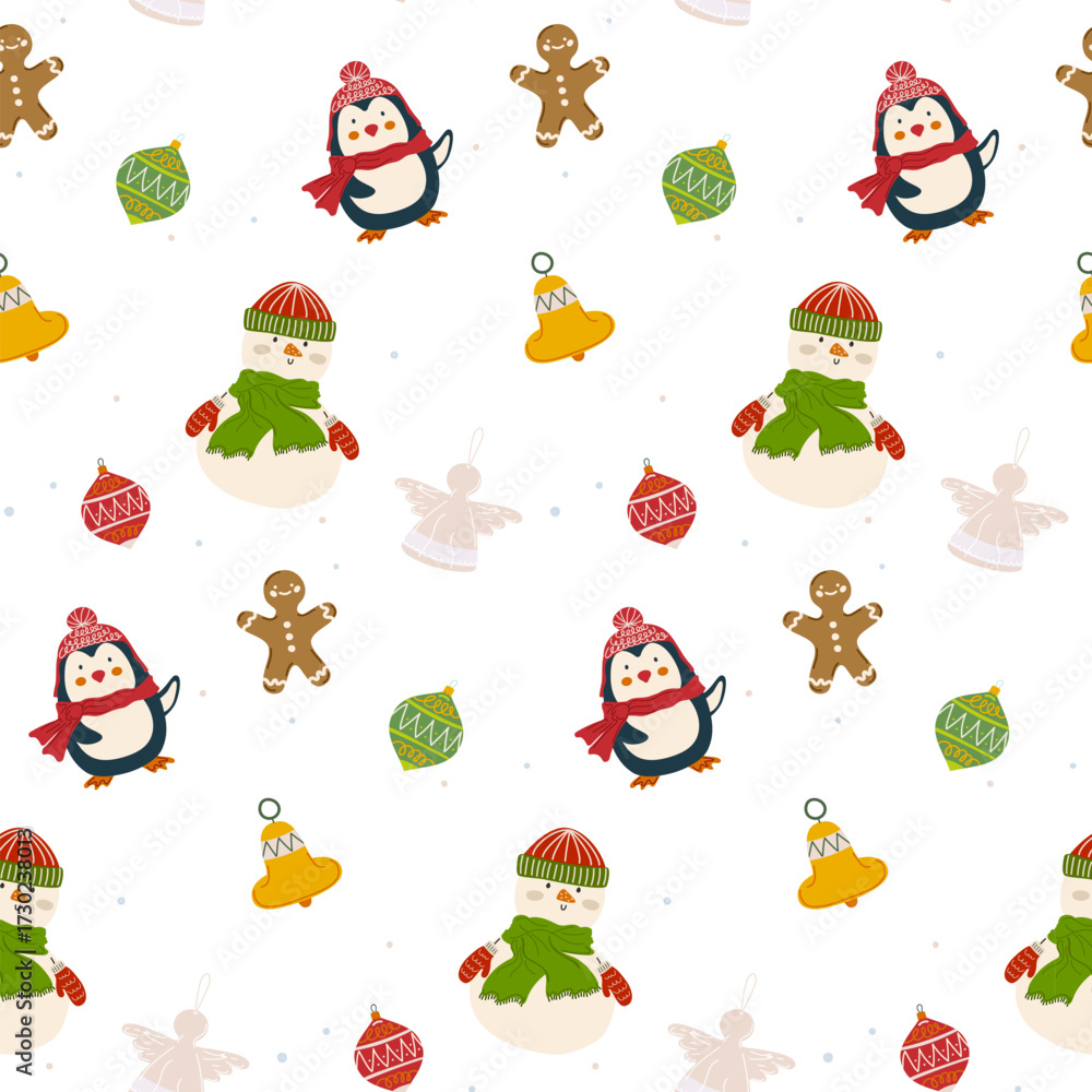 Fototapeta premium Christmas seamless pattern with angel, snowman, penguin, gingerbread men, and Christmas tree ornaments. Wintery New Year backdrop for kids, wrapping paper, fabrics, textiles. Vector illustration