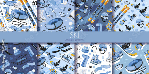 Winter sports equipment seamless pattern set in cartoon style on varied blue backgrounds. Concept of skiing, snowboarding, cold weather. Vector illustration
