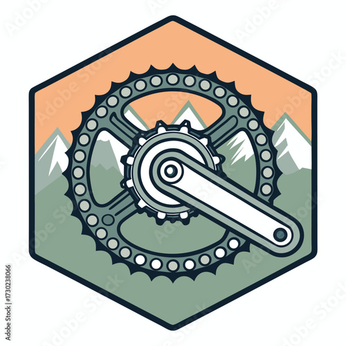 A stylized illustration of a bicycle crankset in a mountain landscape setting.