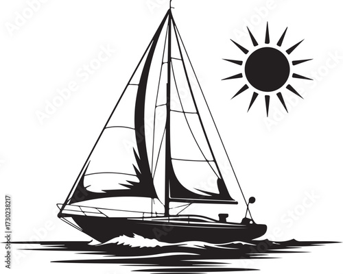 Classic Sailboat at Sea – Minimal Black and White Vector Illustration