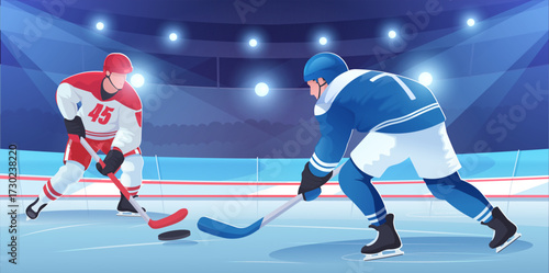 Two hockey players in red and blue uniforms compete for puck on ice rink, stylized graphic style, with stadium background, concept of sports rivalry. Vector illustration