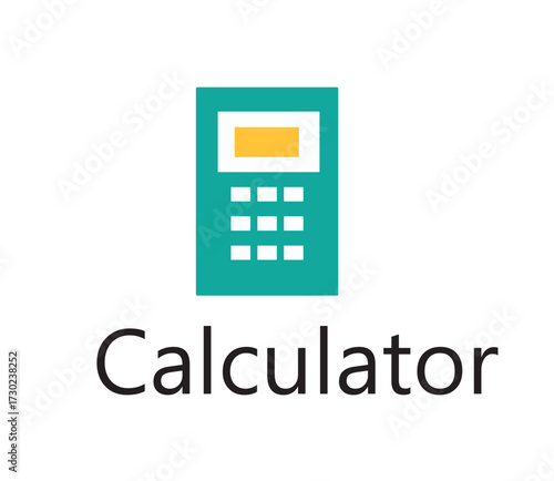 Stylized teal calculator icon with a yellow display screen and white grid buttons labeled “Calculator” below; isolated on white background for calculation and finance tasks.