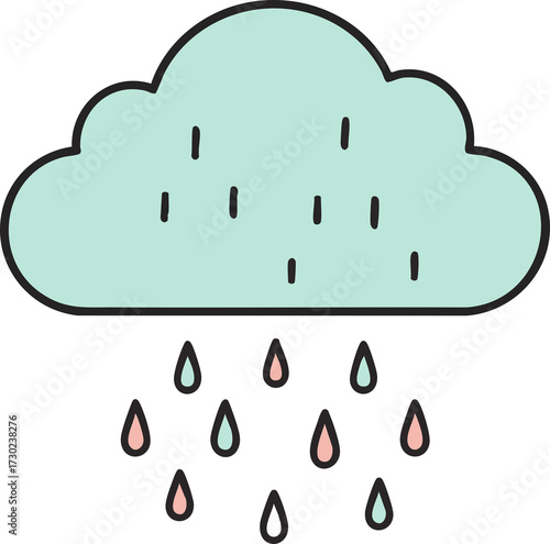 Cloud with falling raindrops in minimalist cartoon style