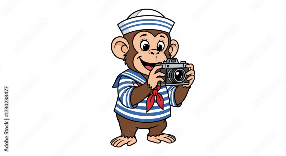 Naklejka premium A cute cartoon monkey dressed as a sailor, holding a vintage camera and smiling.
