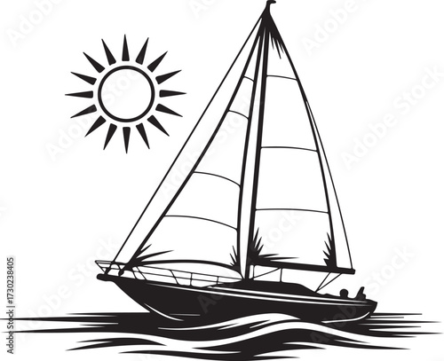 Sailing Boat on Water with Sun – Black and White Nautical Sketch