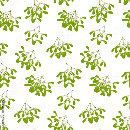Seamless pattern with mistletoe branches and white berries. Soft festive design. For Christmas and New Year decor, wrapping paper and holiday textiles. Vector illustration
