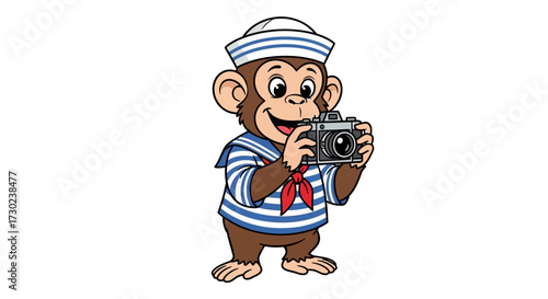A cute cartoon monkey dressed as a sailor, holding a vintage camera and smiling.