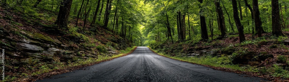 Fototapeta premium Long asphalt road symbolizing upward journey concept. Serene forest road surrounded by lush green trees and tranquility.