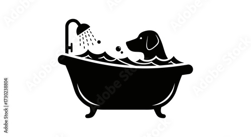 Adorable dog enjoys a bubbly bath with shower spray creating a playful atmosphere for pet care and grooming services