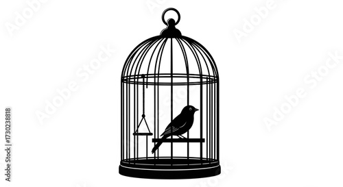 Solitary black bird perches inside a vintage ornate cage, symbolizing confinement and longing for freedom in a stark silhouette.