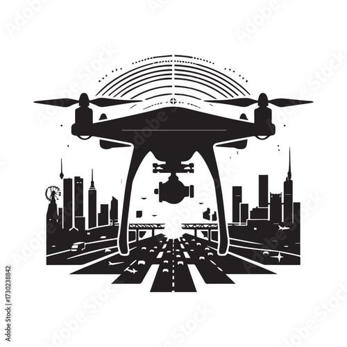 Silhouette of a drone hovering over a cityscape with a highway and abstract circular elements above