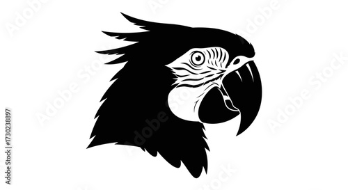 Striking black and white silhouette of a macaw parrot's head, exuding power and wild elegance for bold design projects