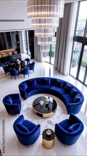 Contemporary luxury apartment living room design with comfortable sofa, luxury shiny marble  floor, and indoor view