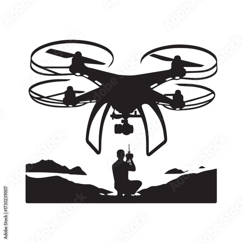 Silhouette of a person operating a drone over a landscape with mountains and hills operator remote control