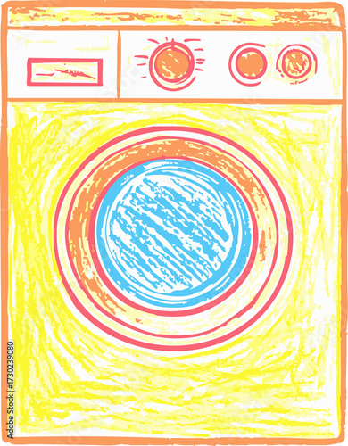 Colorful crayon drawing of washing machine with blue drum