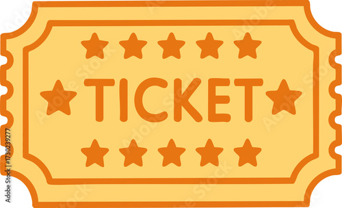Yellow ticket with stars and bold text in cartoon style