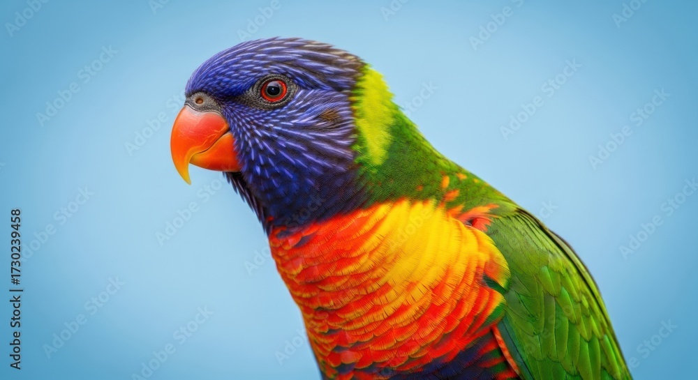 Naklejka premium Vibrant rainbow lorikeet portrait against a blue background
