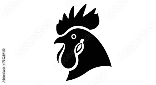 Bold, modern silhouette of a proud rooster's head, perfect for farm branding and culinary themes