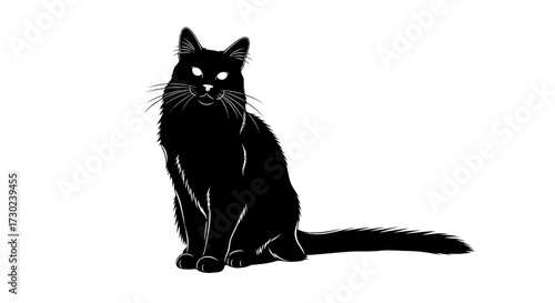 Mysterious black cat with piercing bright eyes sits elegantly, exuding a sense of quiet power and allure, perfect for creative projects.