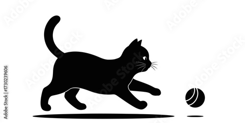 Black cat playfully chasing ball, perfect for pet-related brands, logos, and fun designs, eye-catching and memorable