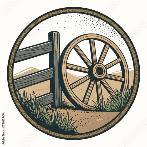 Illustration of a wagon wheel and fence in a rustic landscape setting.