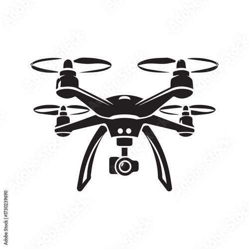 Simple Black Silhouette of a Drone with Camera on White Background quadcopter aerial