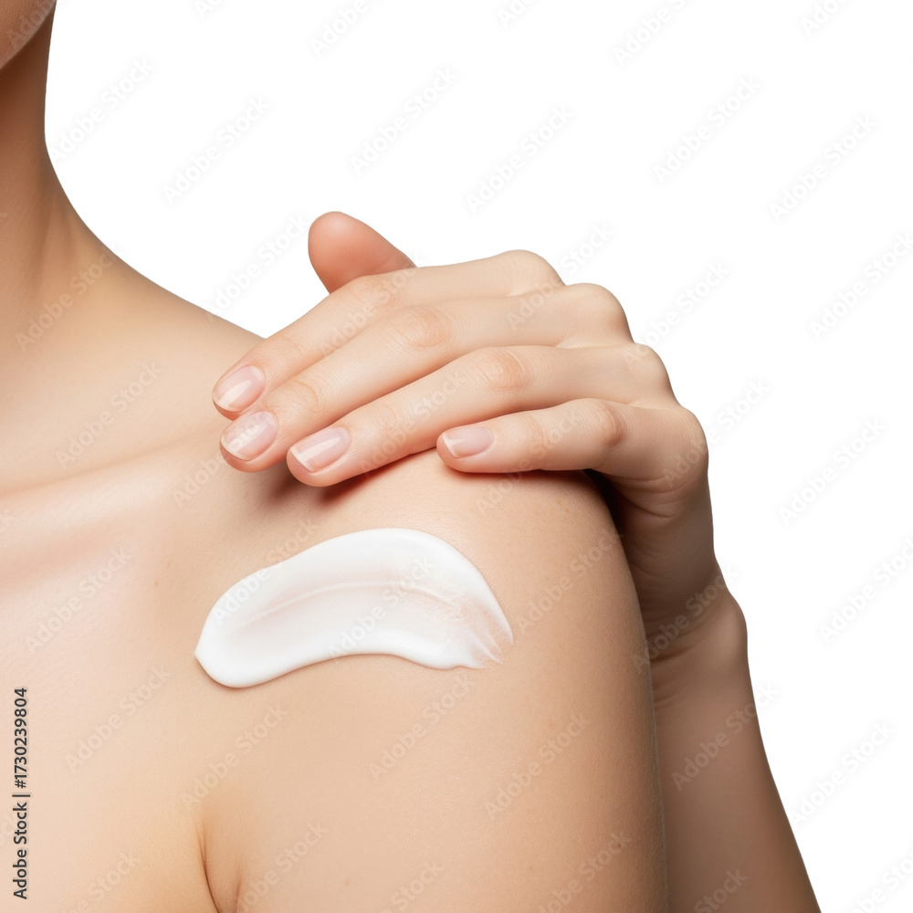Fototapeta premium Bare woman's shoulder with luminous fair skin, elegant hand applying pristine dollop of rich white moisturizing cream on transparent background with soft bokeh, high-key lighting, product marketing