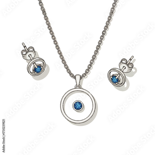 Elegant silver necklace and earrings set featuring a circular pendant with a vibrant blue gemstone
