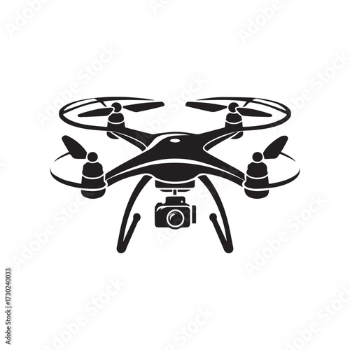 Stylized black silhouette of a quadcopter drone with curved propeller blades and a central camera on a white background