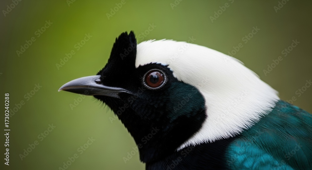 Fototapeta premium White necked bird detailed portrait against blurred green backdrop