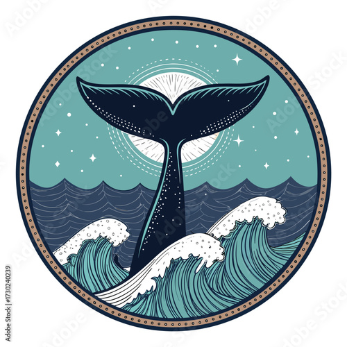 A whale tail emerges from the ocean waves under a starry sky.
