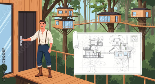 Architect unveiling treehouse blueprint amidst treetop homes and forest landscape design