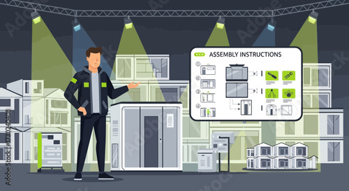 Assembly process explanation with modular home construction display and instructions