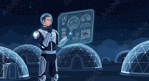 Astronaut planning a futuristic colony on a celestial body with dome structures and advanced