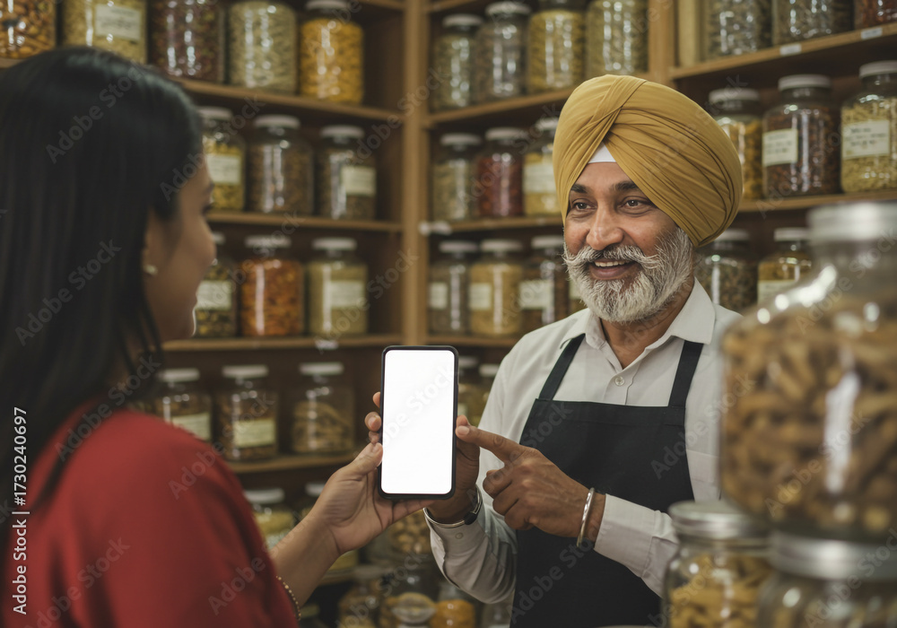 Fototapeta premium Smiling shopkeeper in traditional turban shows smartphone screen to customer in a store filled with jars of spices and herbs, promoting digital solutions.