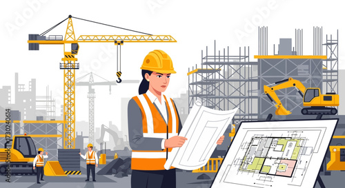Female engineer reviews construction plans on a building site supervision project for urban