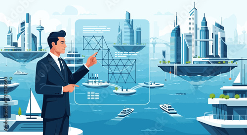 Futuristic city on water with a presenter explaining the urban development plan