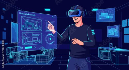 Man exploring virtual home walkthrough with VR headset for real estate experience