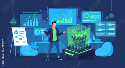 Modern real estate technology illustration featuring a presenter and data visualizations of