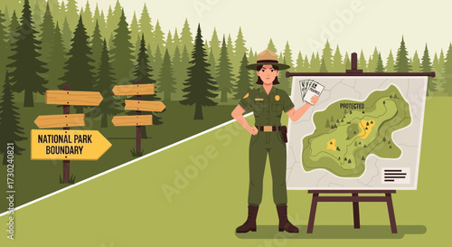 National Park Ranger Shares Protected Area Information on a Map in the Forest Setting