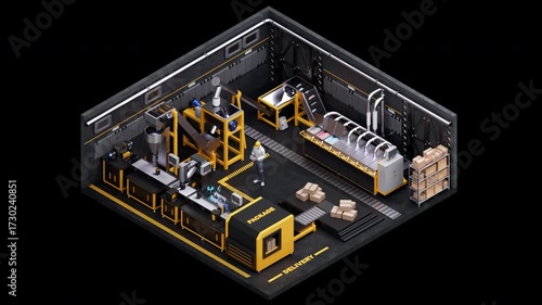 Factory in 3D Isometric Style. Loop Animation