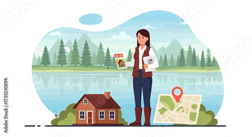 Real estate agent presents property listings in a serene landscape location with a picturesque