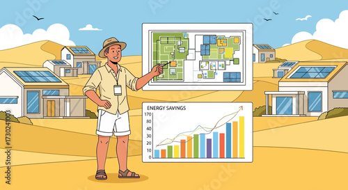 Sustainable Desert Living, a Salesman promoting solar energy powered homes, showcasing energy