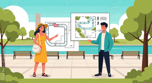 Tourists exploring park map with wayfinding system for visitor orientation and navigation