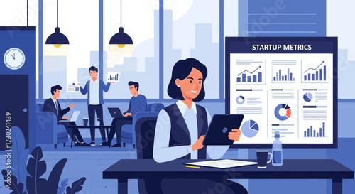 A business woman presents startup metrics in the office with her colleagues discussing data and