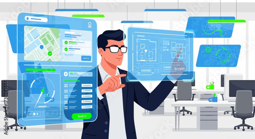 A man interacts with futuristic interfaces in a modern office envisioning future technology